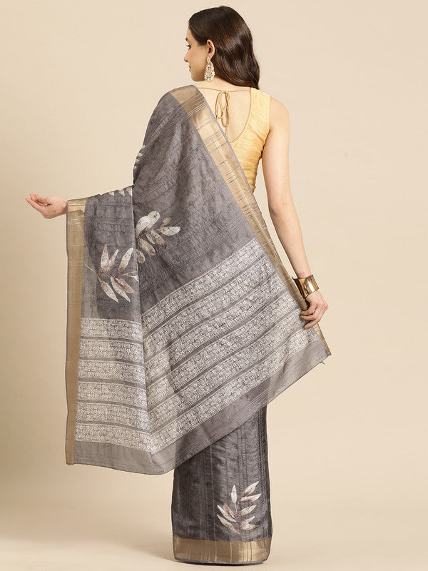 Brown Silk Blend Digital Print Floral Saree with Unstitched Blouse - Hiral Fashion | Grocsy