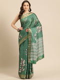 Green Silk Blend Digital Print Floral Saree with Unstitched Blouse - Hiral Fashion | Grocsy