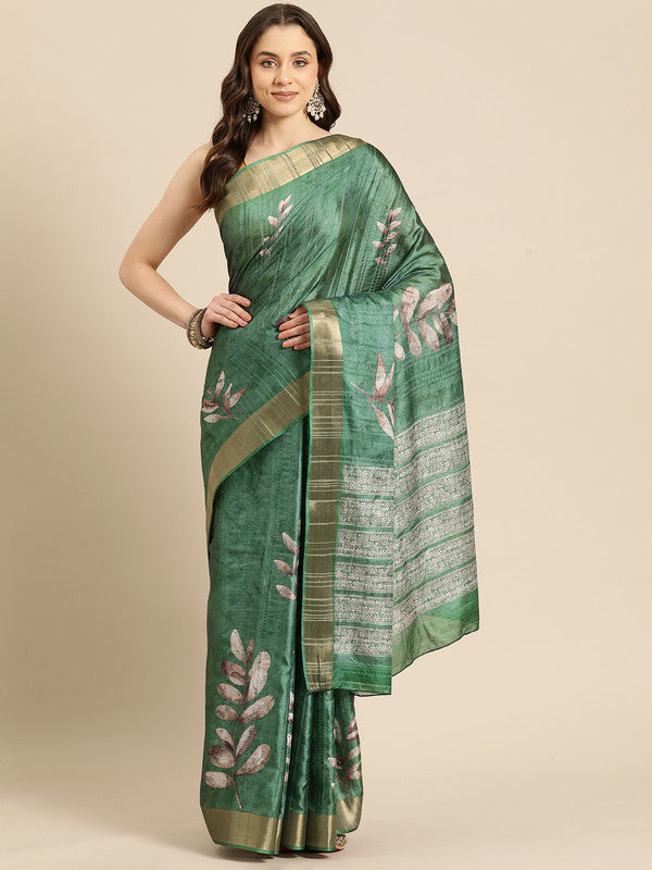 Green Silk Blend Digital Print Floral Saree with Unstitched Blouse - Hiral Fashion | Grocsy