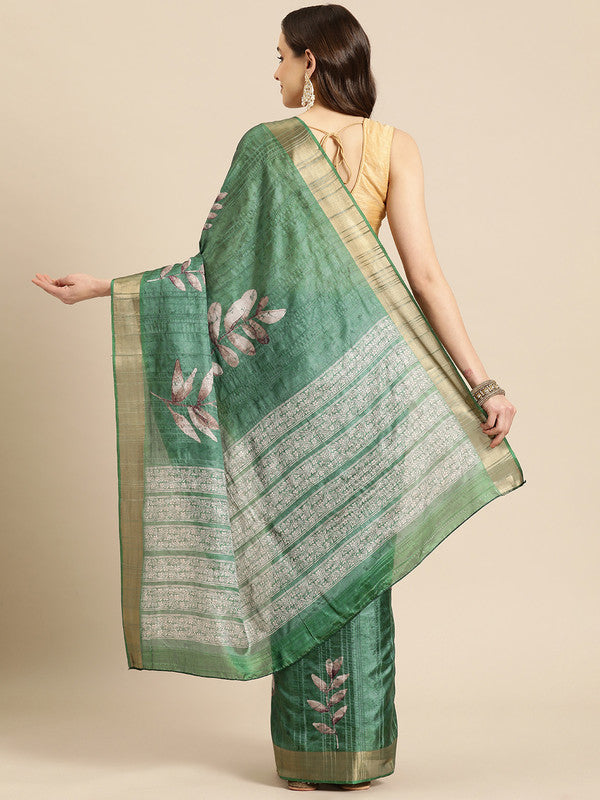 Green Silk Blend Digital Print Floral Saree with Unstitched Blouse - Hiral Fashion | Grocsy