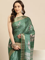 Green Silk Blend Digital Print Floral Saree with Unstitched Blouse - Hiral Fashion | Grocsy