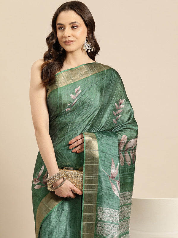 Green Silk Blend Digital Print Floral Saree with Unstitched Blouse - Hiral Fashion | Grocsy