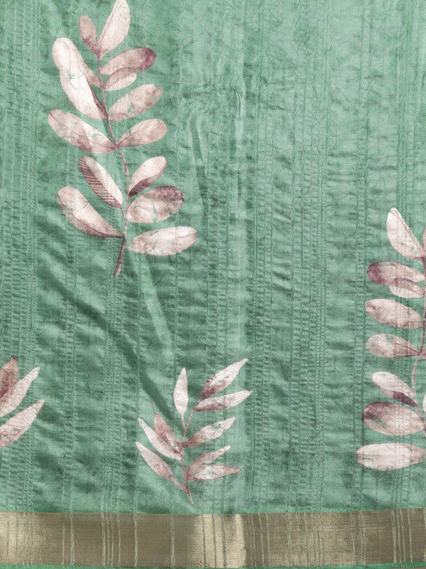 Green Silk Blend Digital Print Floral Saree with Unstitched Blouse - Hiral Fashion | Grocsy