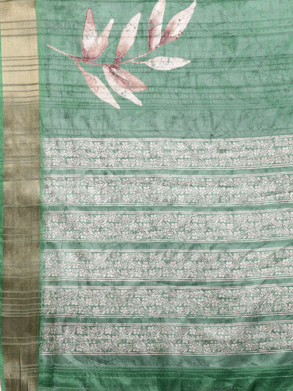 Green Silk Blend Digital Print Floral Saree with Unstitched Blouse - Hiral Fashion | Grocsy
