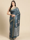Turquoise Silk Blend Digital Print Floral Saree with Unstitched Blouse - Hiral Fashion | Grocsy