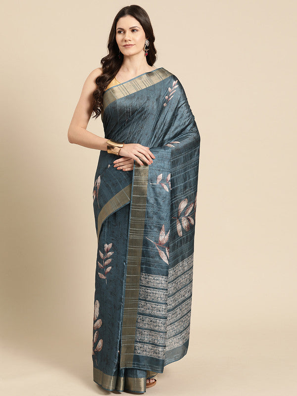 Turquoise Silk Blend Digital Print Floral Saree with Unstitched Blouse - Hiral Fashion | Grocsy