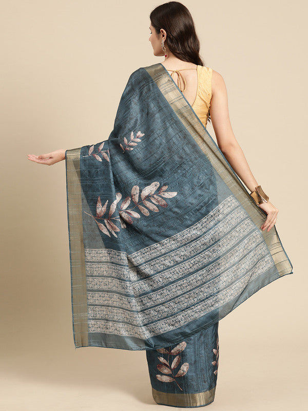 Turquoise Silk Blend Digital Print Floral Saree with Unstitched Blouse - Hiral Fashion | Grocsy