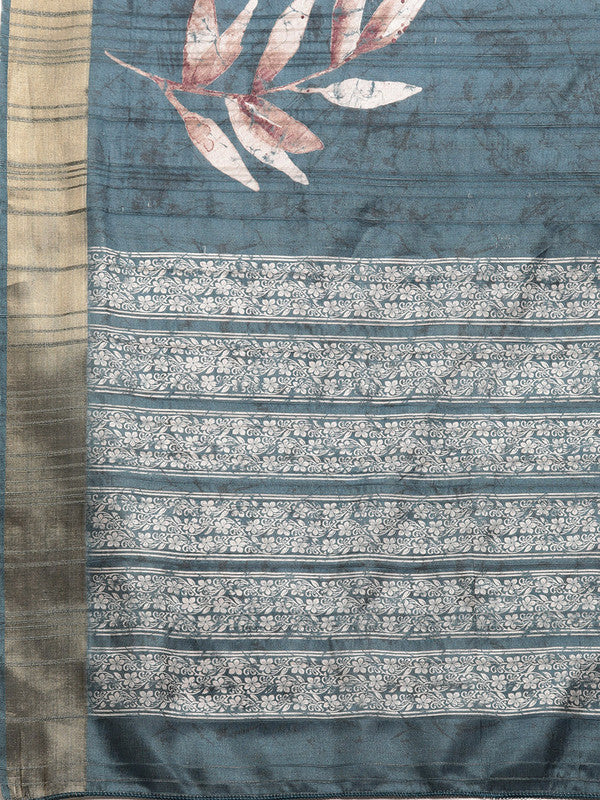 Turquoise Silk Blend Digital Print Floral Saree with Unstitched Blouse - Hiral Fashion | Grocsy