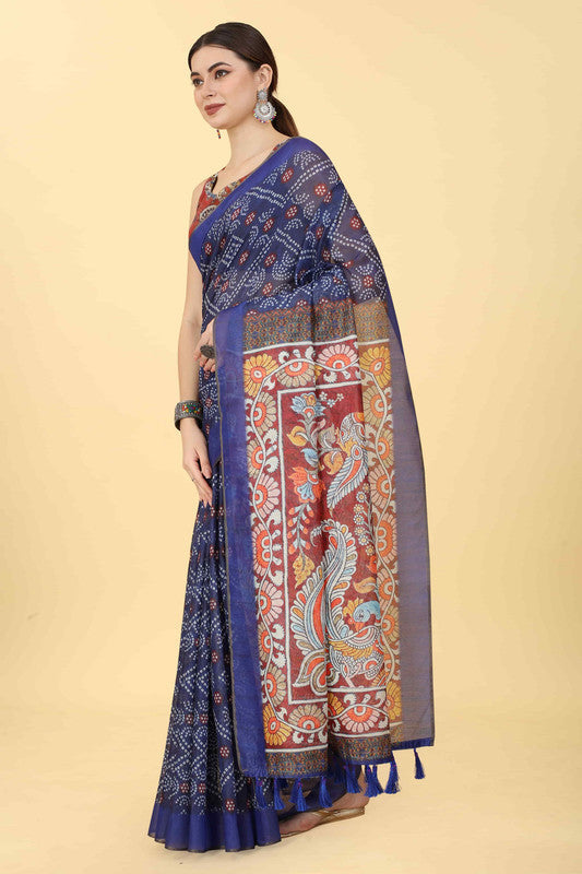 Blue Cotton Blend Printed Bandhani Saree with Unstitched Blouse - Hiral Fashion | Grocsy