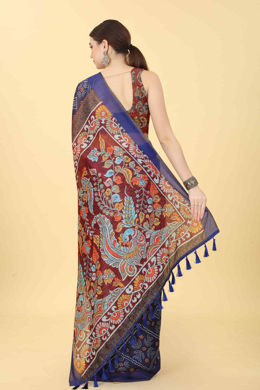 Blue Cotton Blend Printed Bandhani Saree with Unstitched Blouse - Hiral Fashion | Grocsy