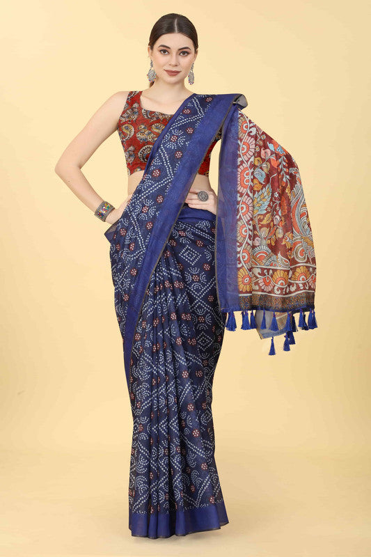 Blue Cotton Blend Printed Bandhani Saree with Unstitched Blouse - Hiral Fashion | Grocsy