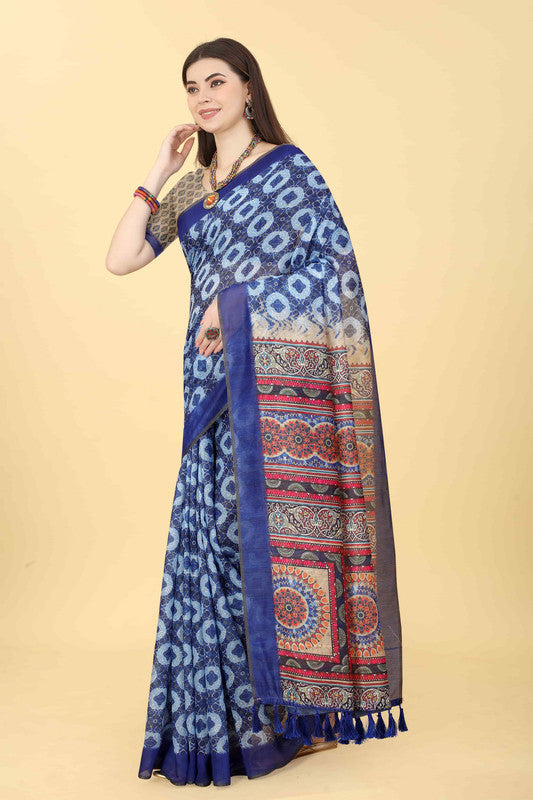 Blue Cotton Blend Printed Geomatric Saree with Unstitched Blouse - Hiral Fashion | Grocsy