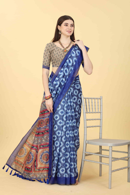 Blue Cotton Blend Printed Geomatric Saree with Unstitched Blouse - Hiral Fashion | Grocsy