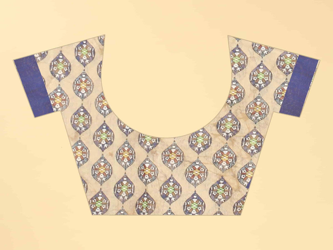 Blue Cotton Blend Printed Geomatric Saree with Unstitched Blouse - Hiral Fashion | Grocsy