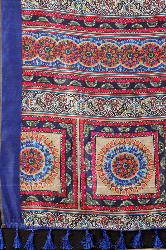 Blue Cotton Blend Printed Geomatric Saree with Unstitched Blouse - Hiral Fashion | Grocsy