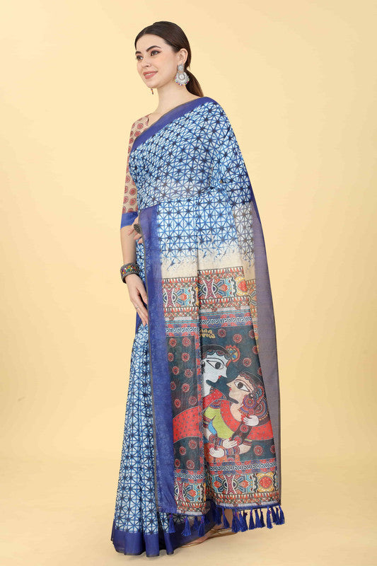 Blue Cotton Blend Printed Geomatric Saree with Unstitched Blouse - Hiral Fashion | Grocsy