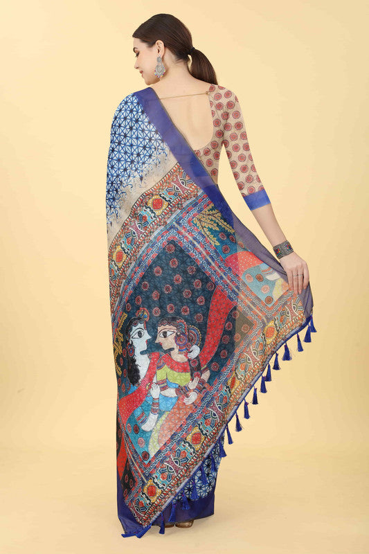Blue Cotton Blend Printed Geomatric Saree with Unstitched Blouse - Hiral Fashion | Grocsy