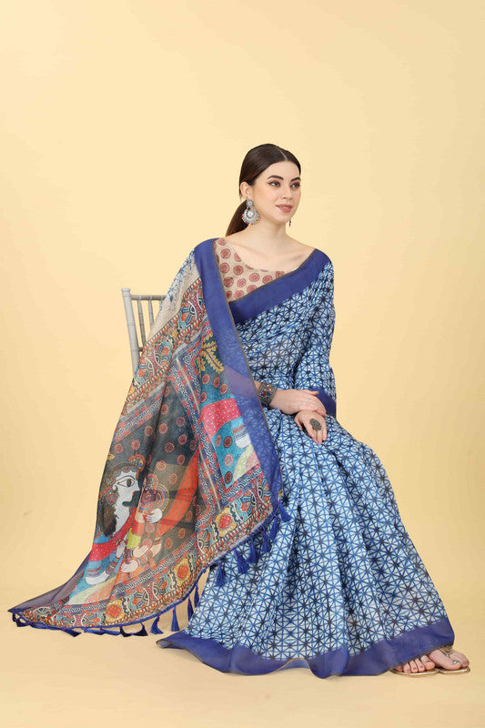 Blue Cotton Blend Printed Geomatric Saree with Unstitched Blouse - Hiral Fashion | Grocsy
