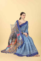Blue Cotton Blend Printed Geomatric Saree with Unstitched Blouse - Hiral Fashion | Grocsy