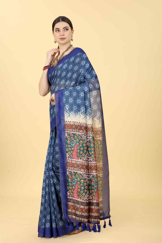 Blue Cotton Blend Printed Geomatric Saree with Unstitched Blouse - Hiral Fashion | Grocsy