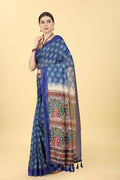 Blue Cotton Blend Printed Geomatric Saree with Unstitched Blouse - Hiral Fashion | Grocsy