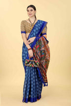 Blue Cotton Blend Printed Geomatric Saree with Unstitched Blouse - Hiral Fashion | Grocsy