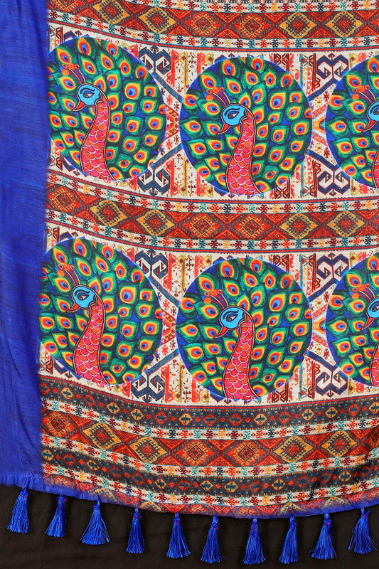 Blue Cotton Blend Printed Geomatric Saree with Unstitched Blouse - Hiral Fashion | Grocsy