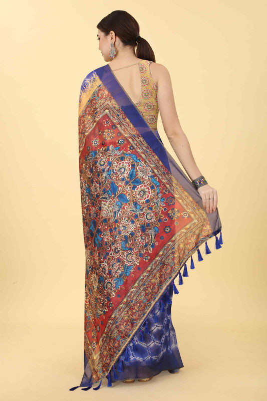 Blue Cotton Blend Printed Abstract Saree with Unstitched Blouse - Hiral Fashion | Grocsy