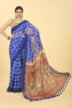 Blue Cotton Blend Printed Abstract Saree with Unstitched Blouse - Hiral Fashion | Grocsy