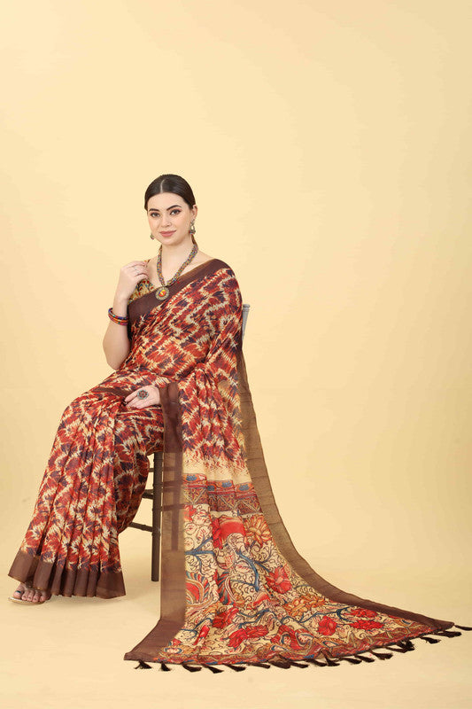 Blue Cotton Blend Printed Abstract Saree with Unstitched Blouse - Hiral Fashion | Grocsy