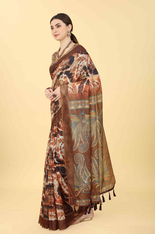 Blue Cotton Blend Printed Kalamkari Saree with Unstitched Blouse - Hiral Fashion | Grocsy