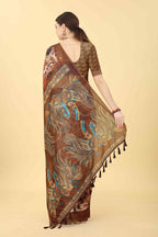 Blue Cotton Blend Printed Kalamkari Saree with Unstitched Blouse - Hiral Fashion | Grocsy