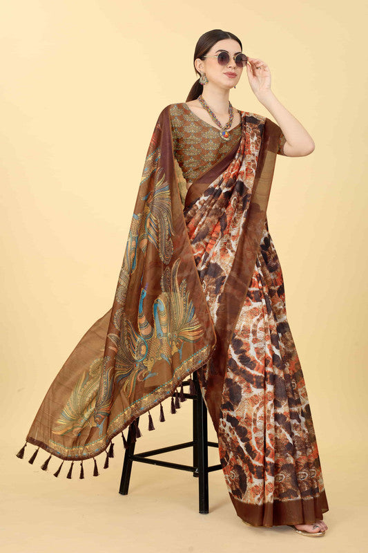 Blue Cotton Blend Printed Kalamkari Saree with Unstitched Blouse - Hiral Fashion | Grocsy