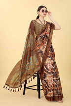 Blue Cotton Blend Printed Kalamkari Saree with Unstitched Blouse - Hiral Fashion | Grocsy