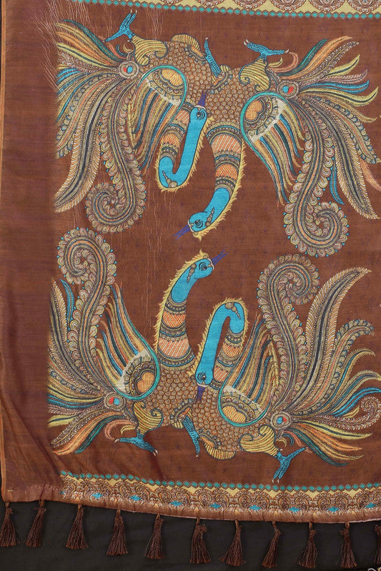 Blue Cotton Blend Printed Kalamkari Saree with Unstitched Blouse - Hiral Fashion | Grocsy