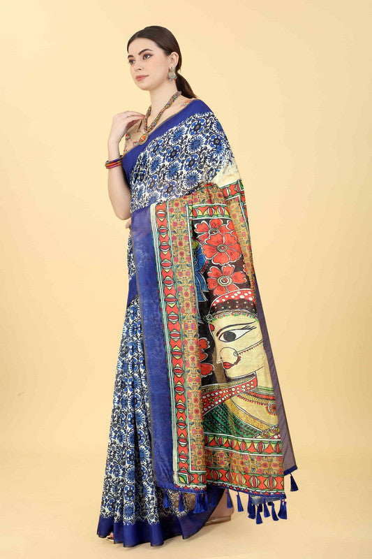 Blue Cotton Blend Printed Kalamkari Saree with Unstitched Blouse - Hiral Fashion | Grocsy