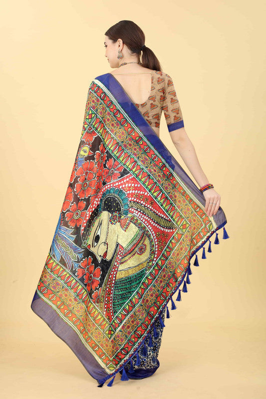 Blue Cotton Blend Printed Kalamkari Saree with Unstitched Blouse - Hiral Fashion | Grocsy