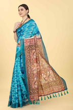 Blue Cotton Blend Printed Kalamkari Saree with Unstitched Blouse - Hiral Fashion | Grocsy