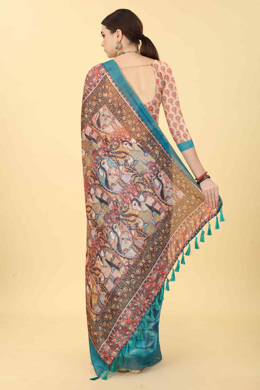 Blue Cotton Blend Printed Kalamkari Saree with Unstitched Blouse - Hiral Fashion | Grocsy