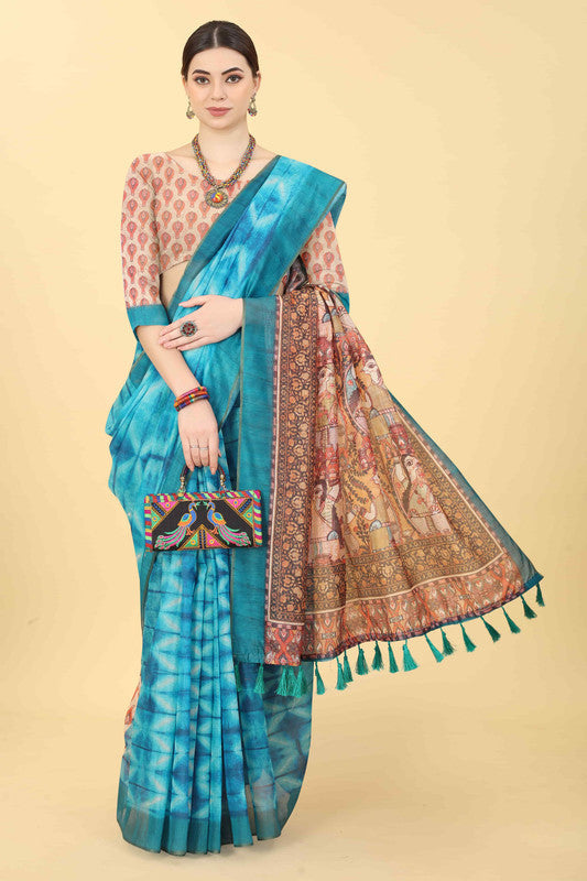 Blue Cotton Blend Printed Kalamkari Saree with Unstitched Blouse - Hiral Fashion | Grocsy