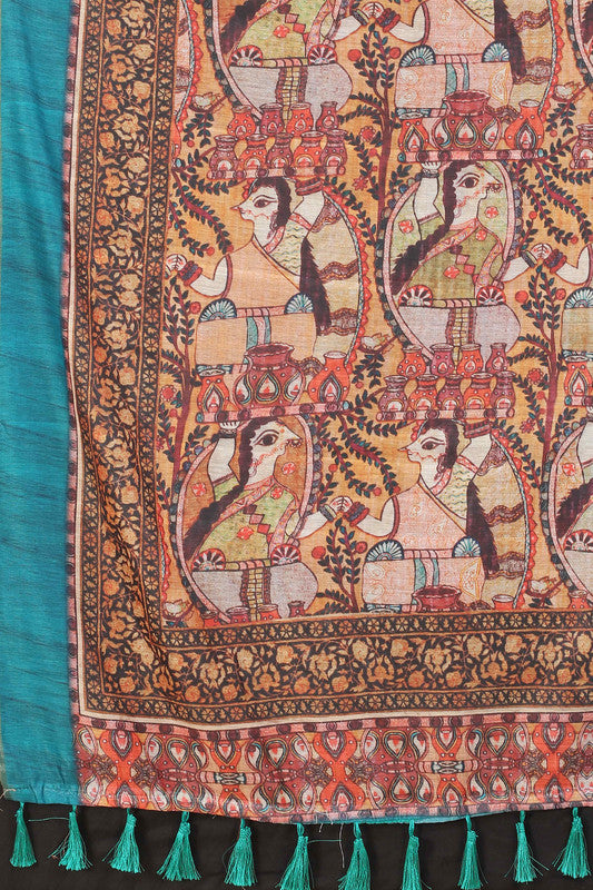 Blue Cotton Blend Printed Kalamkari Saree with Unstitched Blouse - Hiral Fashion | Grocsy