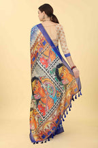Blue Cotton Blend Printed Kalamkari Saree with Unstitched Blouse - Hiral Fashion | Grocsy