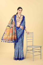 Blue Cotton Blend Printed Kalamkari Saree with Unstitched Blouse - Hiral Fashion | Grocsy