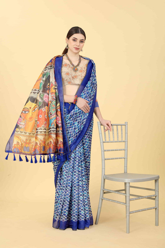 Blue Cotton Blend Printed Kalamkari Saree with Unstitched Blouse - Hiral Fashion | Grocsy