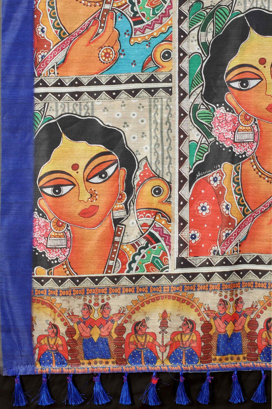 Blue Cotton Blend Printed Kalamkari Saree with Unstitched Blouse - Hiral Fashion | Grocsy