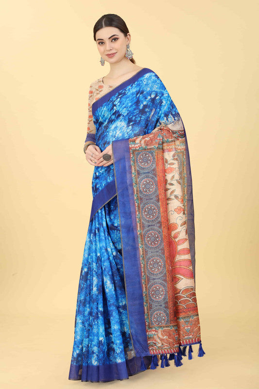 Blue Cotton Blend Printed Kalamkari Saree with Unstitched Blouse - Hiral Fashion | Grocsy