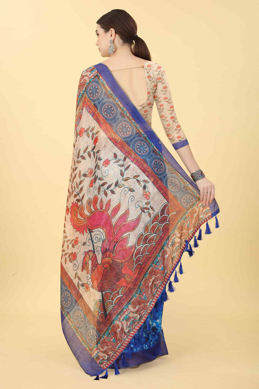 Blue Cotton Blend Printed Kalamkari Saree with Unstitched Blouse - Hiral Fashion | Grocsy