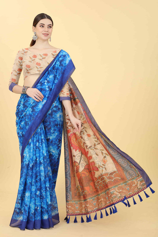 Blue Cotton Blend Printed Kalamkari Saree with Unstitched Blouse - Hiral Fashion | Grocsy