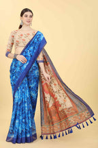 Blue Cotton Blend Printed Kalamkari Saree with Unstitched Blouse - Hiral Fashion | Grocsy