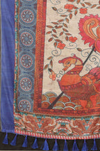 Blue Cotton Blend Printed Kalamkari Saree with Unstitched Blouse - Hiral Fashion | Grocsy